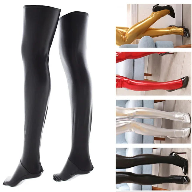 Fashion Women Sexy Lacquer Leather Stocking Lace Long Overknee Pantyhose Pole Dance Fun Underwear Adult Games Sexy Pants