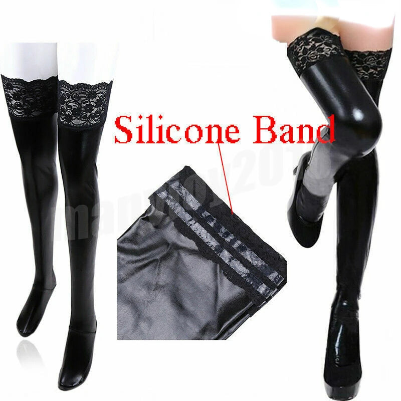 Fashion Women Sexy Lacquer Leather Stocking Lace Long Overknee Pantyhose Pole Dance Fun Underwear Adult Games Sexy Pants