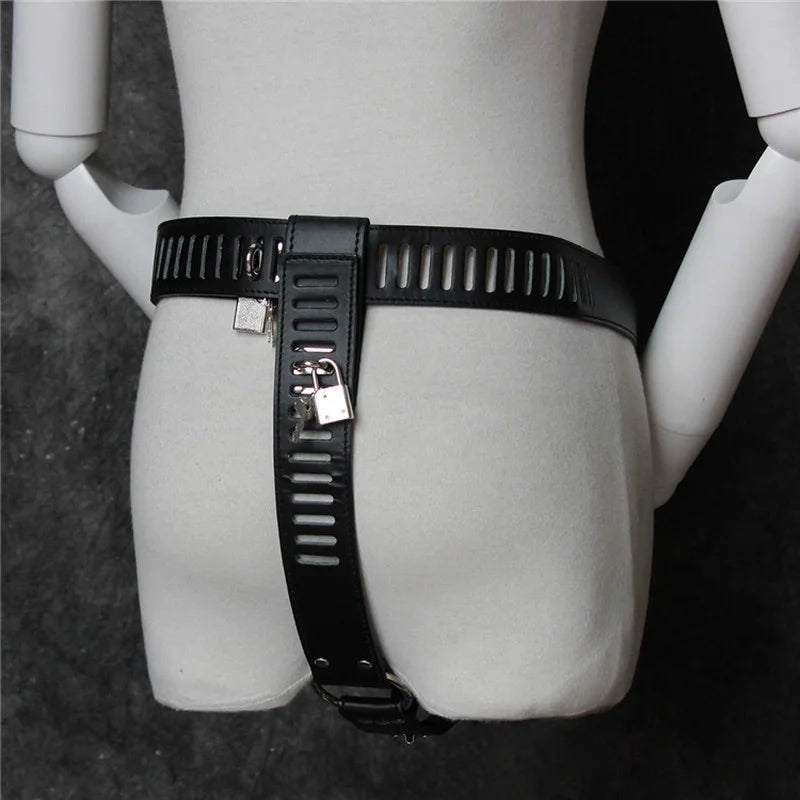 Faux Leather Chastity Pants Sexy Underwear Panties Chastity Belt Padlock Bdsm Bondage Harness Adjustable Ladies Sex Toys Clothes