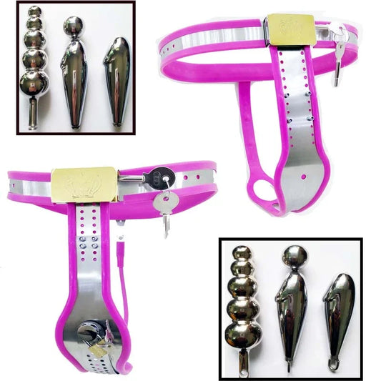 Female Chastity Belt Stainless Steel T Type Chastity Device Lockable Underwear with Anal Beads Bdsm  Sex Toys for Women