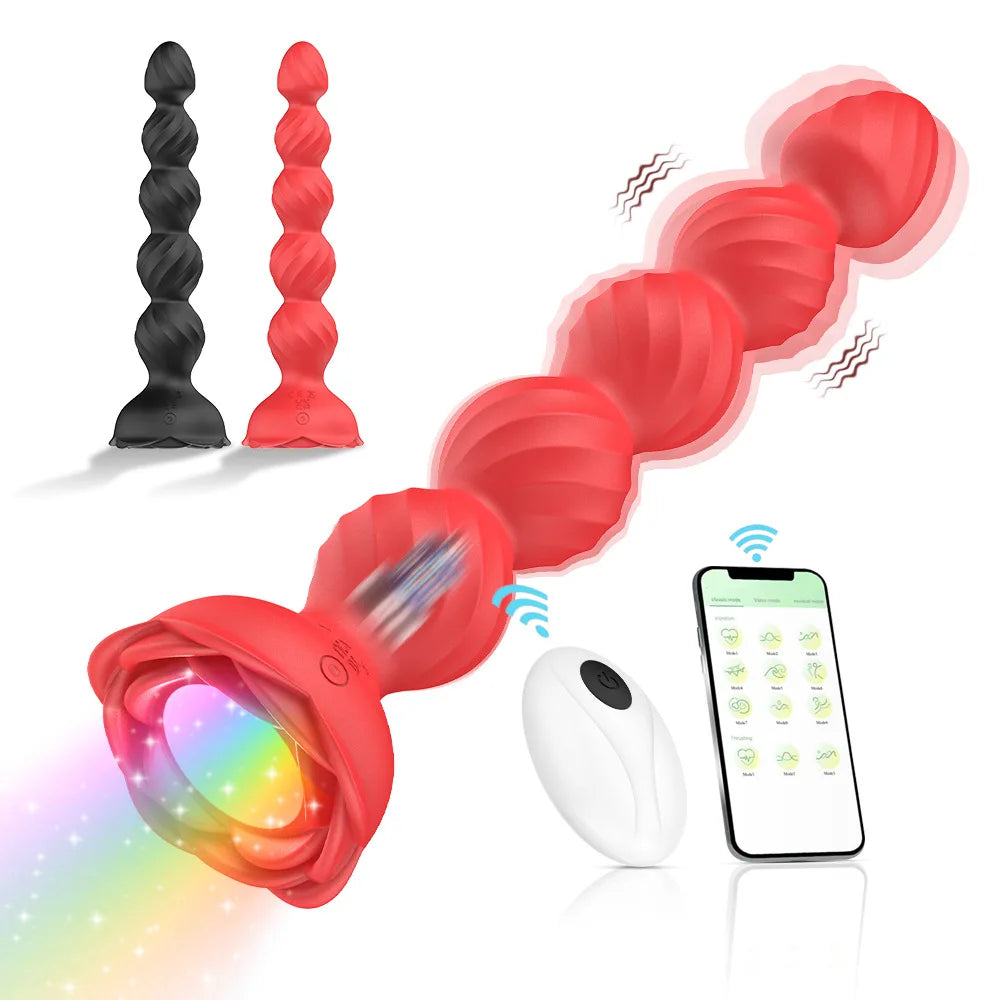 Five Beads of Luminous Rose Vibration Anal Sex Toys for Couple Silicone Pull Bead Anal Plug Prostate Adult Masturbation Vibrator