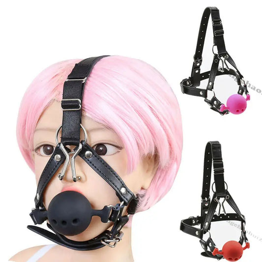 Head Harness with Nose Hook Ball Gag Restraint Silicone Open Mouth Gag Erotic Sex Toys Adult Games Products BDSM for couple