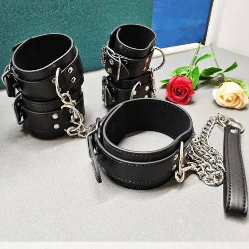 High Quality Black PU Leather Neck Collar Hand Cuffs Ankle Cuffs Sex Toys For Couples Slave Bondage BDSM  Restraints Kit