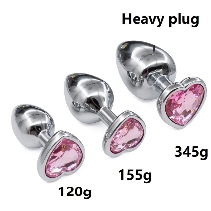 Huge heavy small medium large size set pink rainbow heart jewerly Crystal Metal anal beads butt plug insert p spot ass dildo