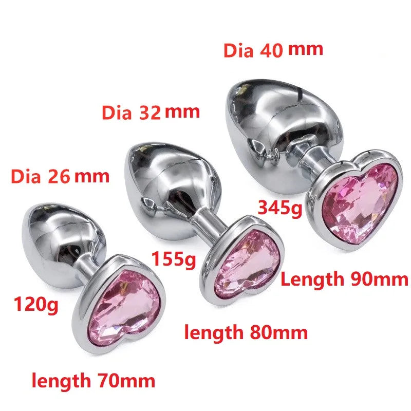 Huge heavy small medium large size set pink rainbow heart jewerly Crystal Metal anal beads butt plug insert p spot ass dildo