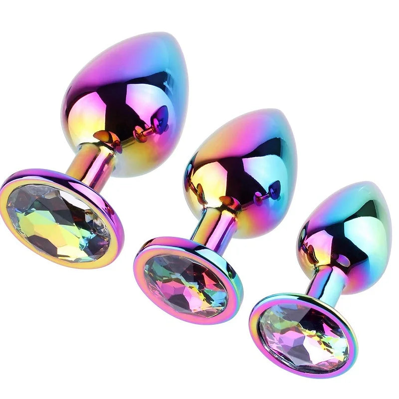 Huge heavy small medium large size set pink rainbow heart jewerly Crystal Metal anal beads butt plug insert p spot ass dildo