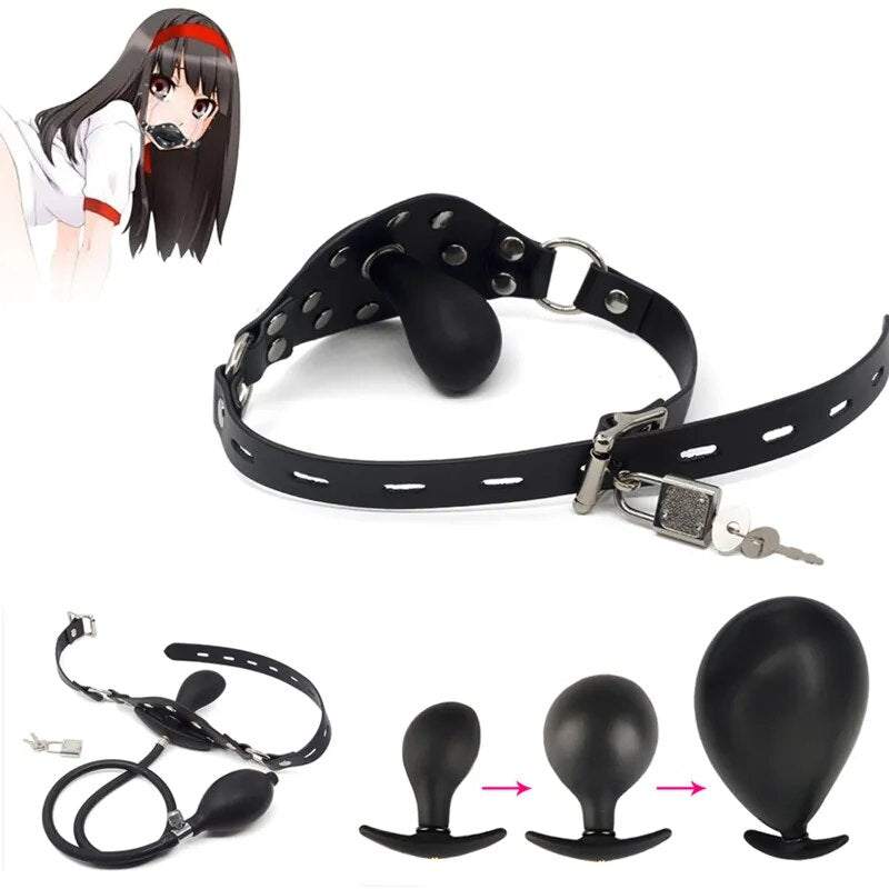 Inflatable Penis Gag Open Strap On Mouth Gag Oral Dildo Plug BDSM Bondage Fetish Slave Restraints Adult Sex Toy For Couple Flirt