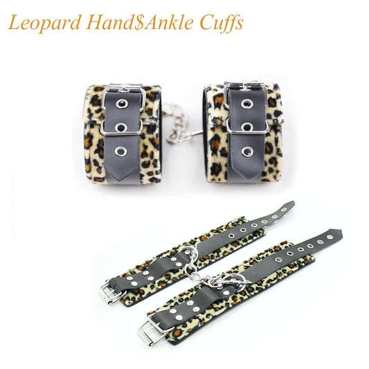 Leopard Gunuine Leather Handcuffs Ankle BDSM Sex Slaves Flirting Wrist Feet Bondage Gear Restraint Exotic Couple Sex Toy