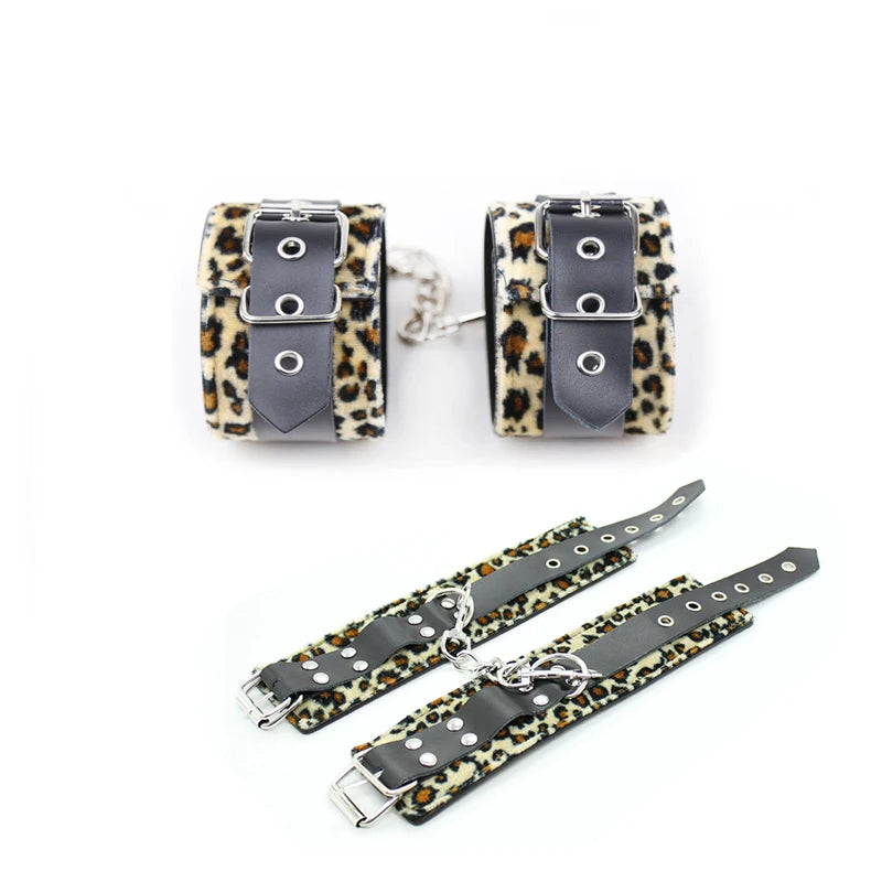 Leopard Gunuine Leather Handcuffs Ankle BDSM Sex Slaves Flirting Wrist Feet Bondage Gear Restraint Exotic Couple Sex Toy