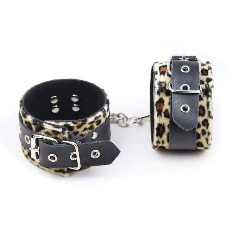 Leopard Gunuine Leather Handcuffs Ankle BDSM Sex Slaves Flirting Wrist Feet Bondage Gear Restraint Exotic Couple Sex Toy