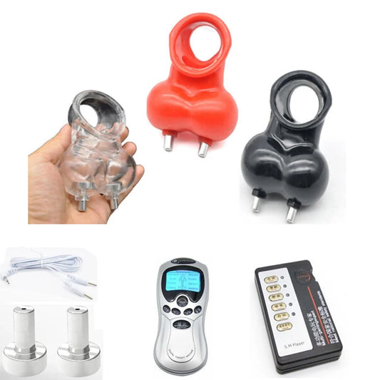 Male Electric Ball Stretcher Scrotum Pouch Time Delay E-stim Electro Shock Accessory Rubber Ring Chastity Cage Sex Tool for Man