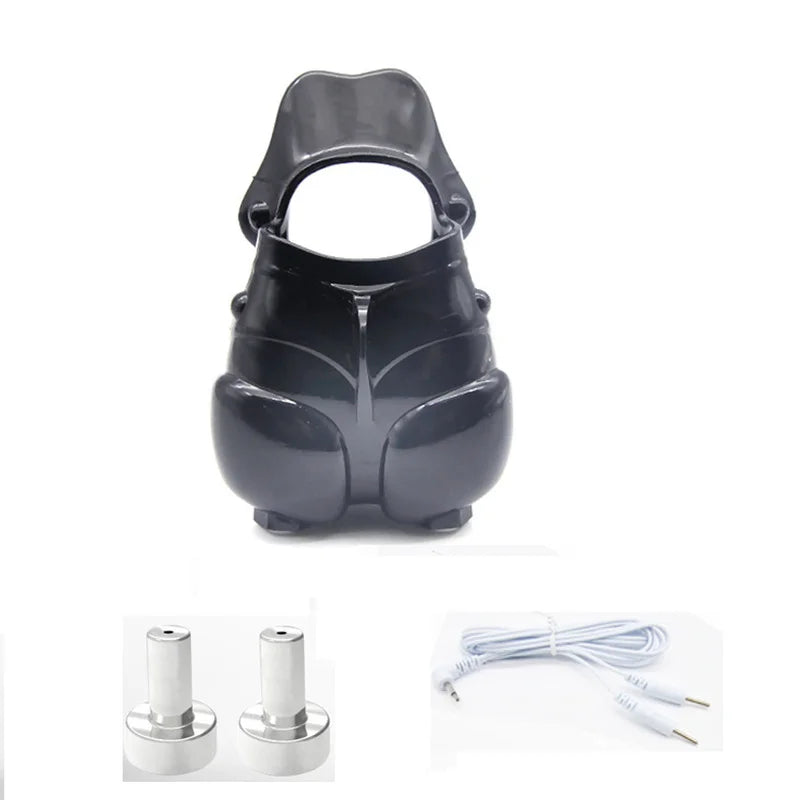 Male Electric Ball Stretcher Scrotum Pouch Time Delay E-stim Electro Shock Accessory Rubber Ring Chastity Cage Sex Tool for Man