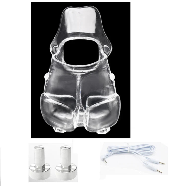 Male Electric Ball Stretcher Scrotum Pouch Time Delay E-stim Electro Shock Accessory Rubber Ring Chastity Cage Sex Tool for Man