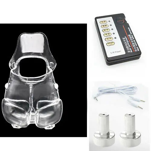 Male Electric Ball Stretcher Scrotum Pouch Time Delay E-stim Electro Shock Accessory Rubber Ring Chastity Cage Sex Tool for Man