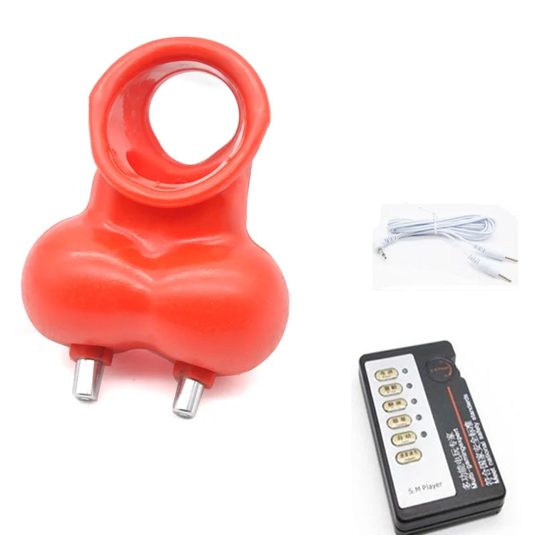 Male Electric Ball Stretcher Scrotum Pouch Time Delay E-stim Electro Shock Accessory Rubber Ring Chastity Cage Sex Tool for Man