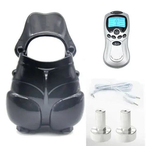 Male Electric Ball Stretcher Scrotum Pouch Time Delay E-stim Electro Shock Accessory Rubber Ring Chastity Cage Sex Tool for Man