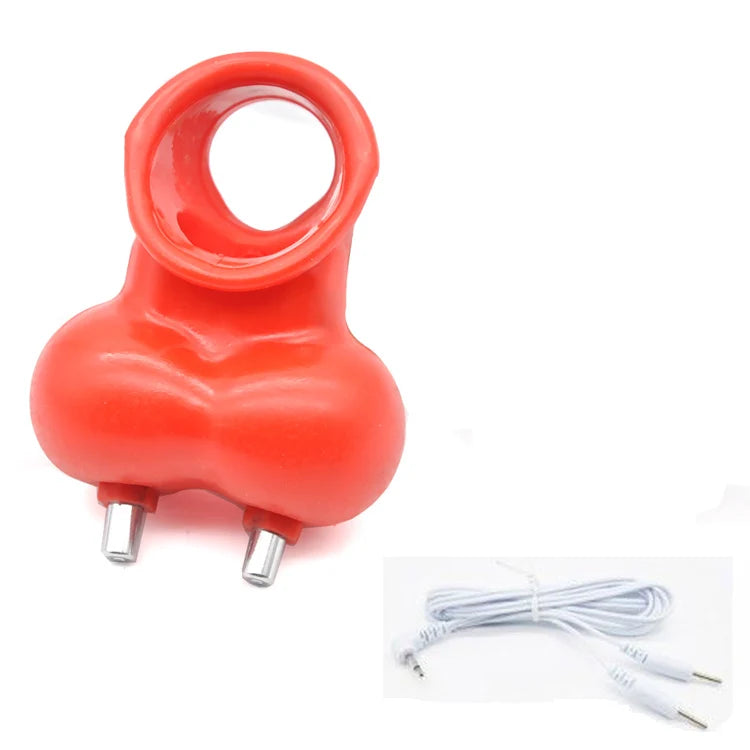 Male Electric Ball Stretcher Scrotum Pouch Time Delay E-stim Electro Shock Accessory Rubber Ring Chastity Cage Sex Tool for Man