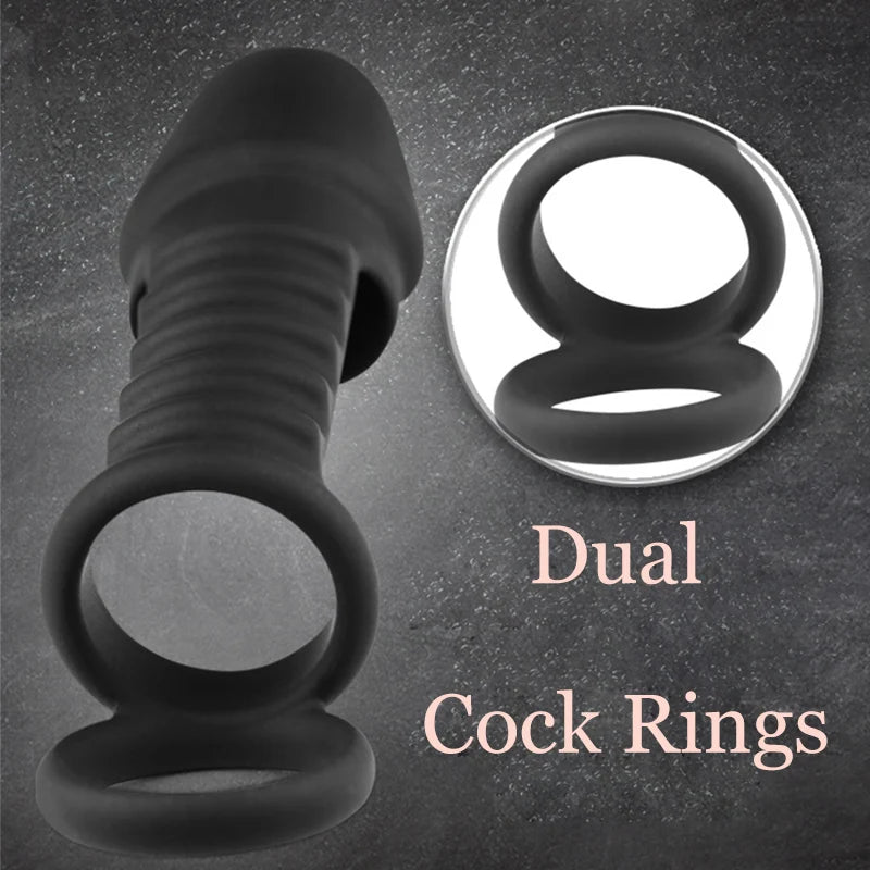Male Penis Sleeve Dual Cock Rings Delay Ejaculation Nozzle Penis Rings Enlargement Reusable Cockring Sex Toys for Men Adults