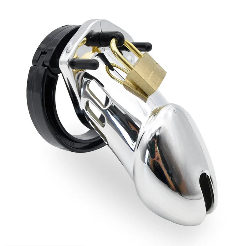 Male Plastic Restraint Chastity Cock Cage Device with 5 Size Rings Brass Lock Silver/Golden Chastity Penis Lock Device BDSM