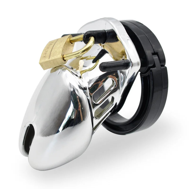 Male Plastic Restraint Chastity Cock Cage Device with 5 Size Rings Brass Lock Silver/Golden Chastity Penis Lock Device BDSM