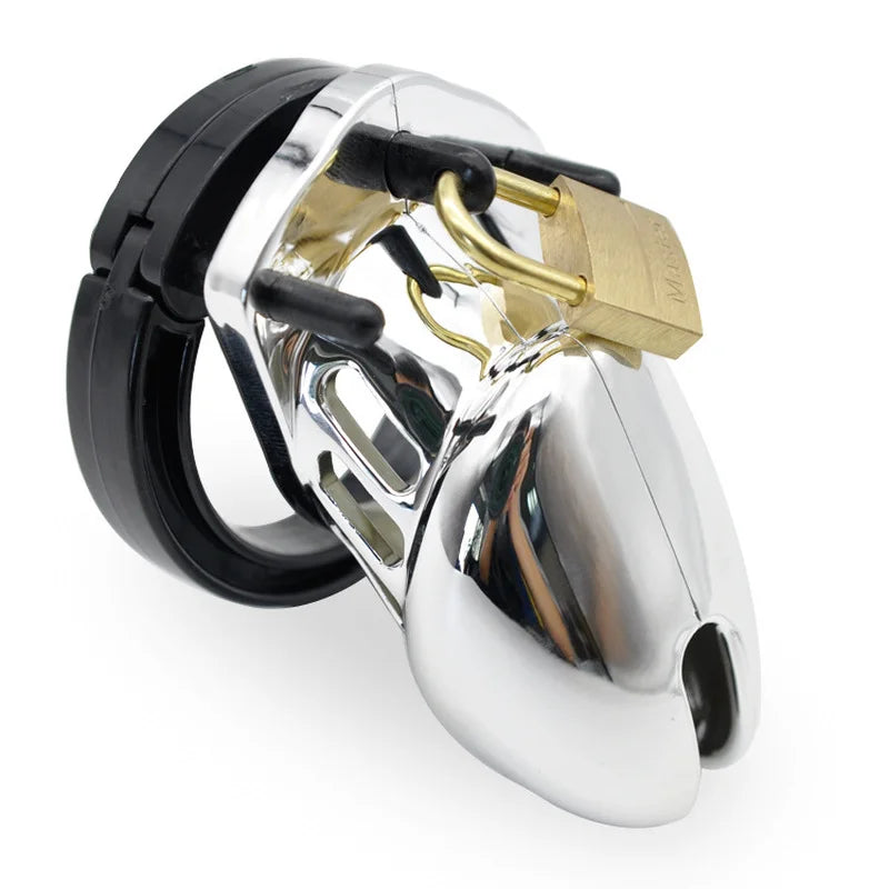 Male Plastic Restraint Chastity Cock Cage Device with 5 Size Rings Brass Lock Silver/Golden Chastity Penis Lock Device BDSM