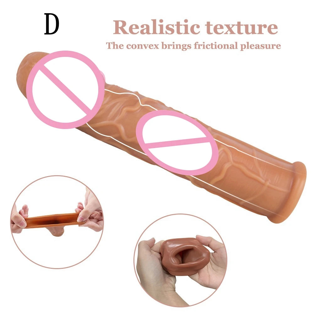 Male Reusable Penis Sleeve Testis Bondage Cock Extender Penis Ring Condoms With Scrotum Rings Penis Erection Erotic Toys For Men