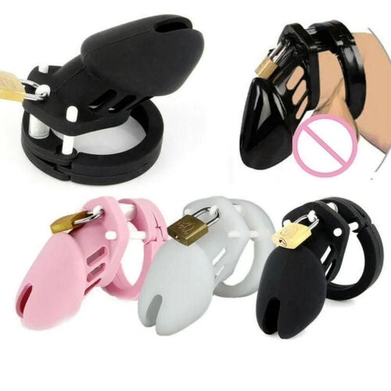 Male Silicone Chastity Cock Cage Penis Belt Lockable Device with 5 Cock Ring Penis Sleeve Lock Bondage Sex Toys for Men