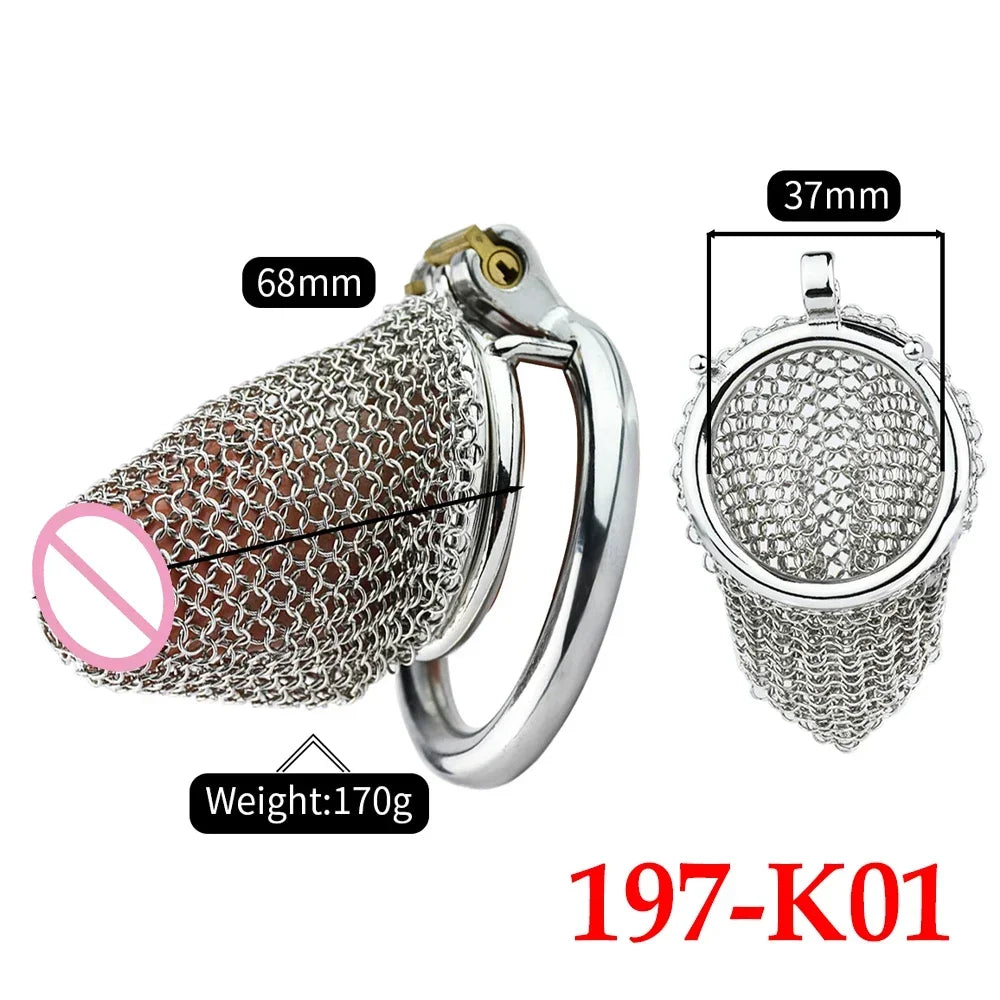 Male Stainless Mesh Chastity Cage Penis Lock Cock Ring Erection Denial Anti-Escape Control BDSM Cage Erotic Sex Toy For Men Gay