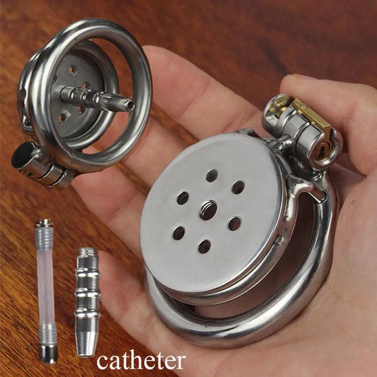 Male Stainless Steel Chastity Device Flat Round Hole Metal Chastity Lock Penis Cage with Lock Husband Loyalty Couple Sex Games