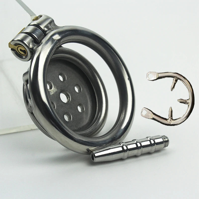 Male Stainless Steel Chastity Device Flat Round Hole Metal Chastity Lock Penis Cage with Lock Husband Loyalty Couple Sex Games