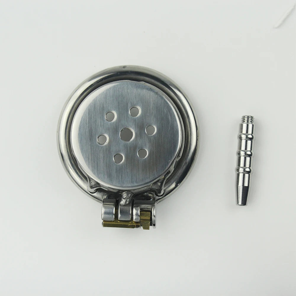 Male Stainless Steel Chastity Device Flat Round Hole Metal Chastity Lock Penis Cage with Lock Husband Loyalty Couple Sex Games