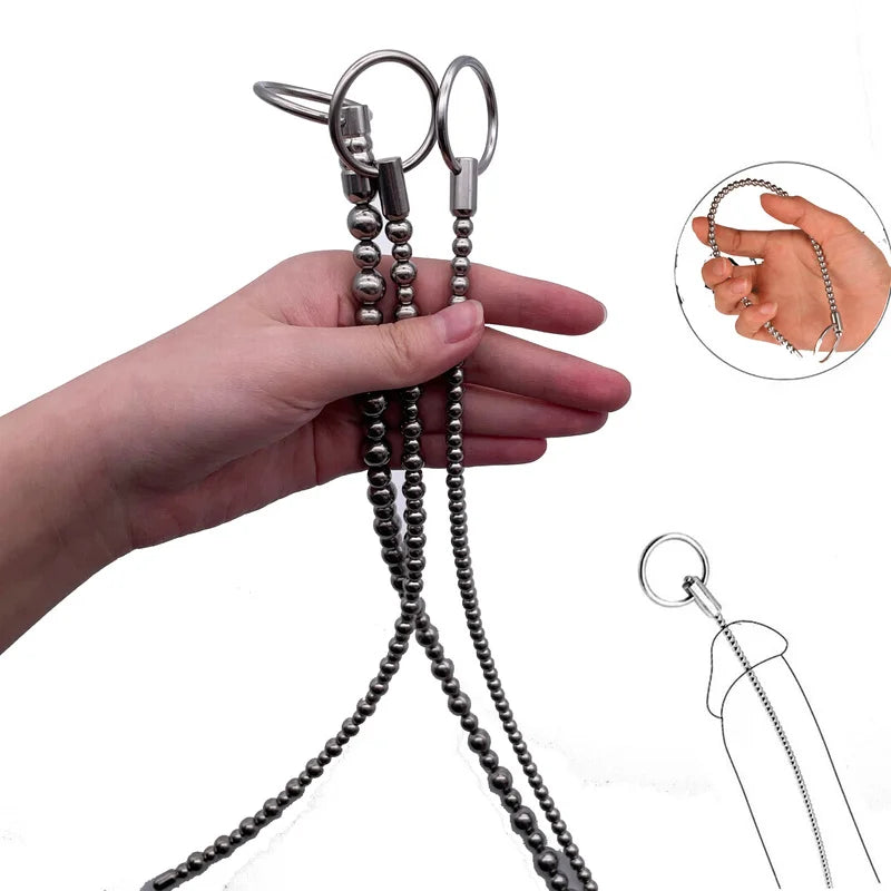 Male Stainless Steel Penis Beads Plug Sounding Dilator Leather Ring Ball Stretcher Bondage Penis Plug Insert Sounding Rods Toy
