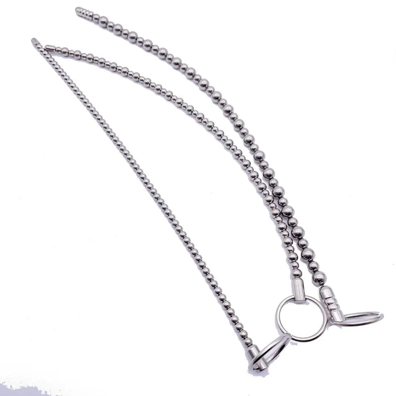 Male Stainless Steel Penis Beads Plug Sounding Dilator Leather Ring Ball Stretcher Bondage Penis Plug Insert Sounding Rods Toy