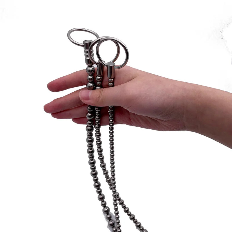Male Stainless Steel Penis Beads Plug Sounding Dilator Leather Ring Ball Stretcher Bondage Penis Plug Insert Sounding Rods Toy