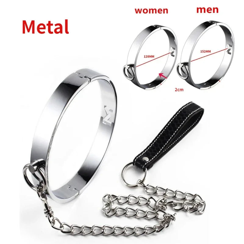 Manyjoy Metal Neck Collar Restraint Lockable Stainless Steel Slave RolePlay Bondage Neck Collar Leash Chain BDSM Toy for Couples