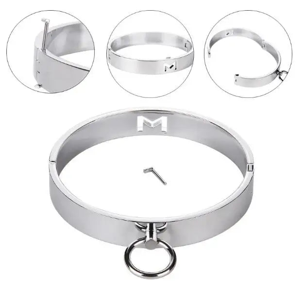 Manyjoy Metal Neck Collar Restraint Lockable Stainless Steel Slave RolePlay Bondage Neck Collar Leash Chain BDSM Toy for Couples