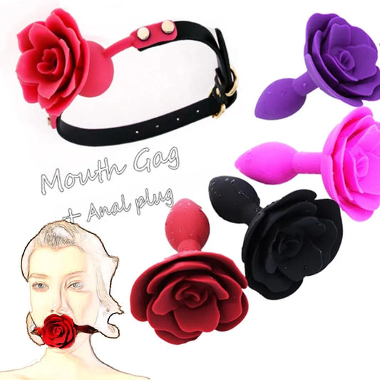 Manyjoy Soft Silicone Rose Shape Mouth Gag Oral Bondage Anal Butt Plugs Sex Toys for Adult Slave Flirting Rose Set Toys Cosplay