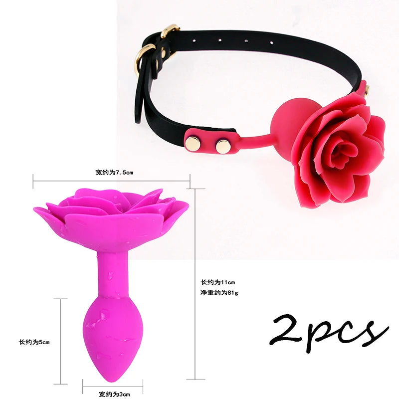 Manyjoy Soft Silicone Rose Shape Mouth Gag Oral Bondage Anal Butt Plugs Sex Toys for Adult Slave Flirting Rose Set Toys Cosplay