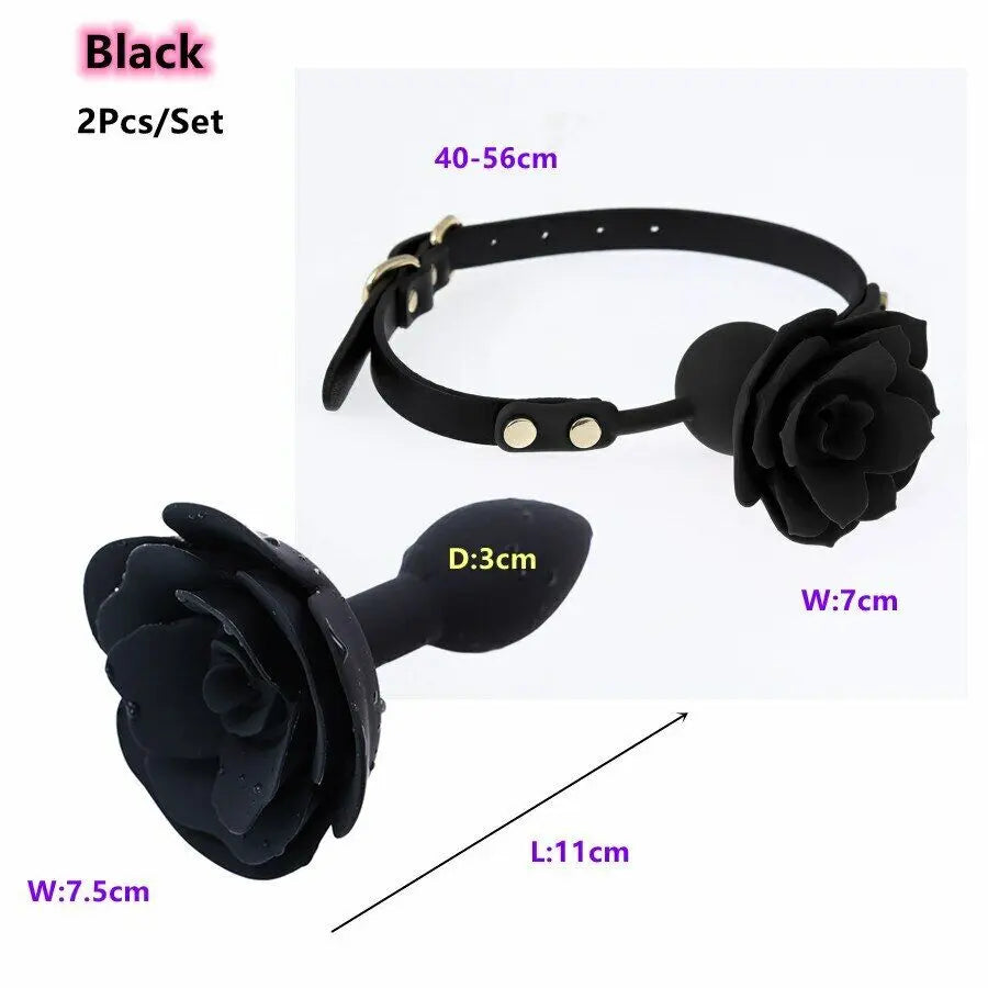 Manyjoy Soft Silicone Rose Shape Mouth Gag Oral Bondage Anal Butt Plugs Sex Toys for Adult Slave Flirting Rose Set Toys Cosplay