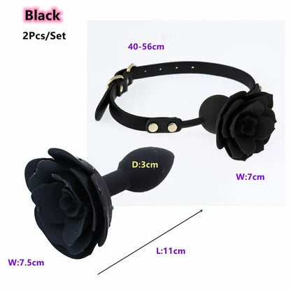 Manyjoy Soft Silicone Rose Shape Mouth Gag Oral Bondage Anal Butt Plugs Sex Toys for Adult Slave Flirting Rose Set Toys Cosplay