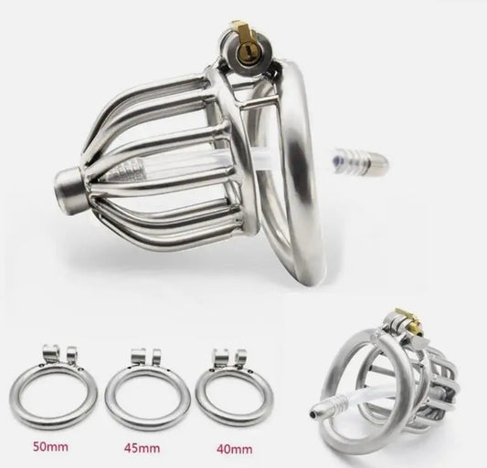 Manyjoy Stainless Steel Hollow Stealth Lock Male Chastity Device with Urethral Catheter Cock Bird Cage Penis Ring Adult Sex Toy