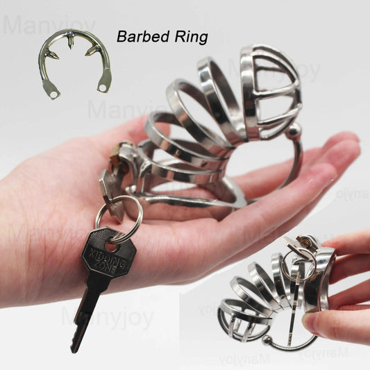 Manyjoy Stainless Steel Male Chastity Lock Device Hollow Breathable Cock Cage with Penis Spikes Ring  BDSM Sex Toys For Men 18+