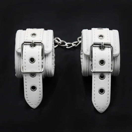 Manyjoy White Faux Leather Handcuffs Ankle Cuffs Restraints Soft Padded Wrist Feet Cuffs SM Slave Bondage Erotic Sex Toys Couple