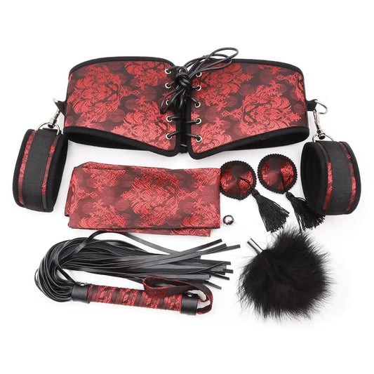 Manyjoy Women Satin Handcuffs Blindfold Body Corset Harness Waist Whip Bondage Set Straight Jacket BDSM Sex Toys Adult Games 18+