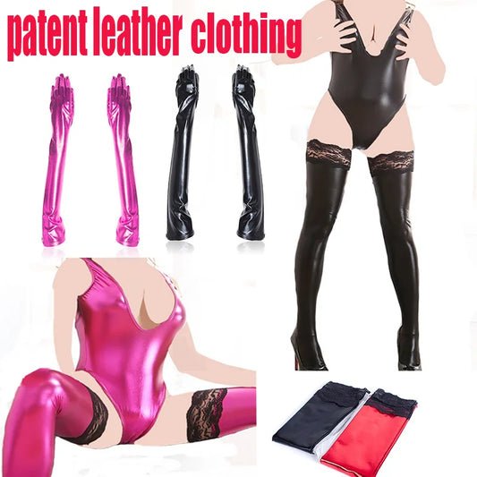 Manyjoy Women's Lacquer Leather Stocking with Lace for Women Sexy Tights Bodysuit Fashion Gloves Suit Sex Toys for Couple