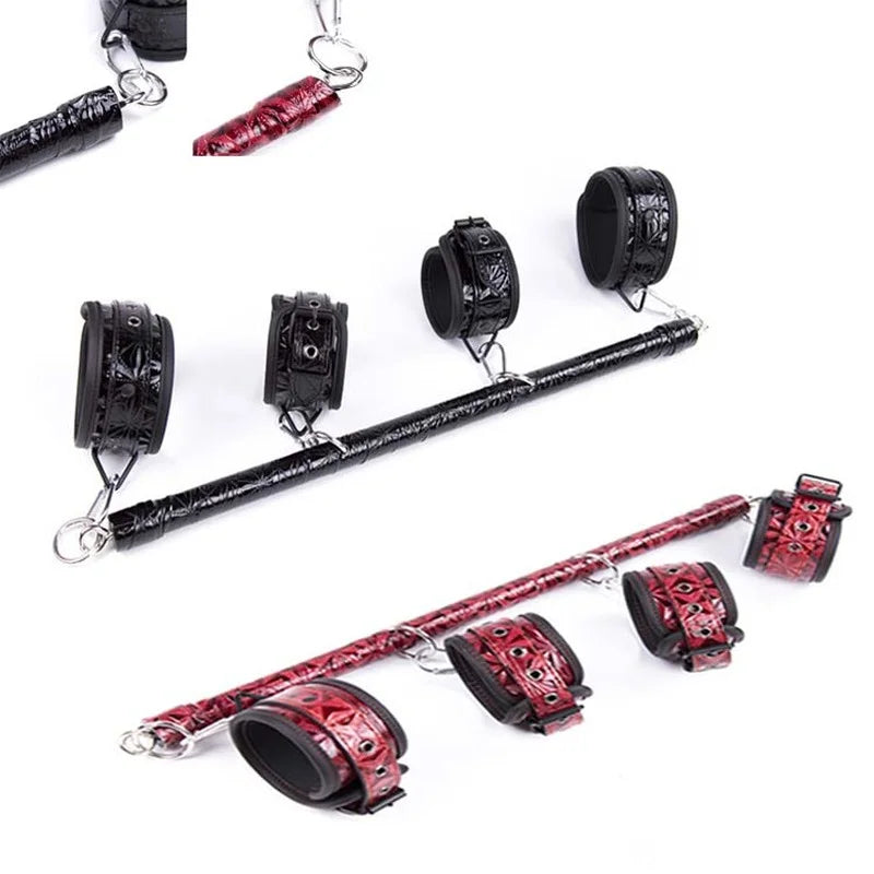 Metal Spreader Bar with PU Leather Handcuffs Wrist Ankle Cuffs Open Legs Shackles BDSM Bondage Restraints Erotic Kit For Women