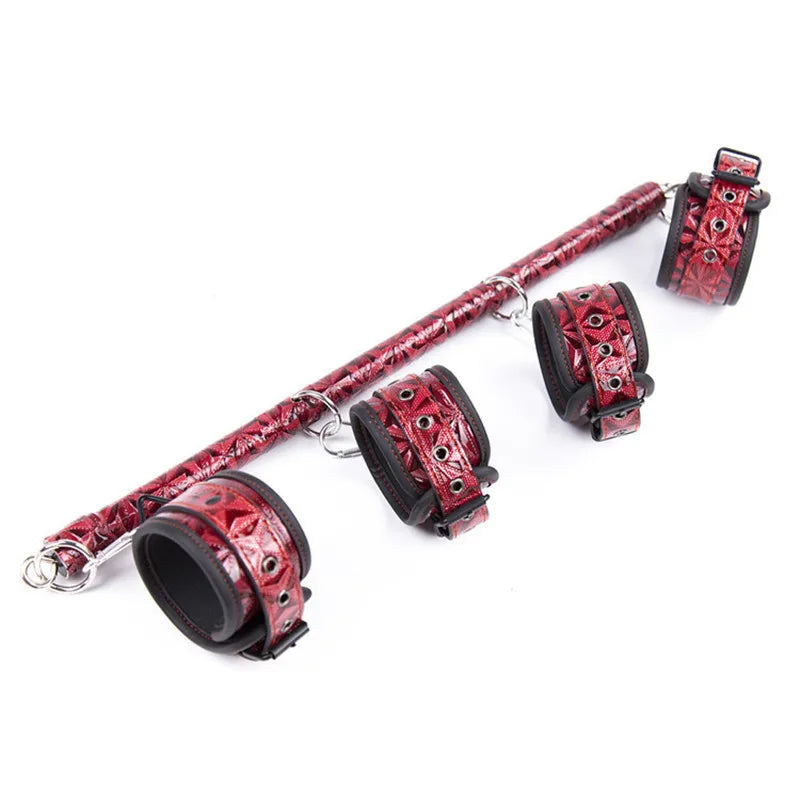 Metal Spreader Bar with PU Leather Handcuffs Wrist Ankle Cuffs Open Legs Shackles BDSM Bondage Restraints Erotic Kit For Women