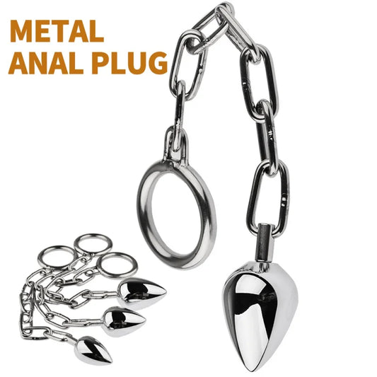 Metal anal beads butt plug anus plug with chain penis ring fake dildo metal anal plug sex toy for male female adult sex products