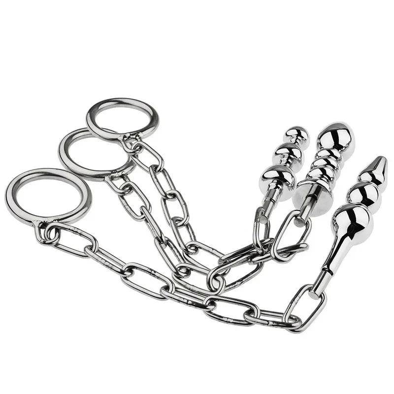 Metal anal beads butt plug anus plug with chain penis ring fake dildo metal anal plug sex toy for male female adult sex products