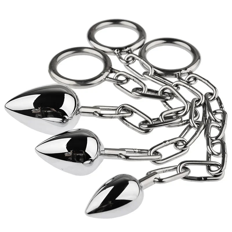 Metal anal beads butt plug anus plug with chain penis ring fake dildo metal anal plug sex toy for male female adult sex products